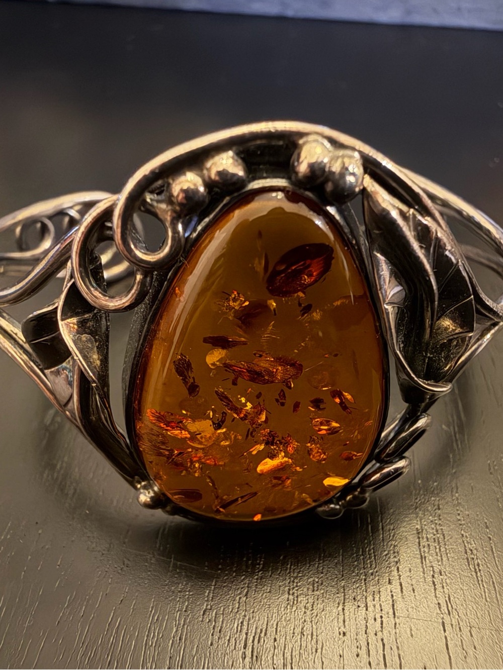 Vintage 925 Sterling Silver Baltic Amber Cuff Bracelet Art Nouveau Leaf - Picture 2 of 6